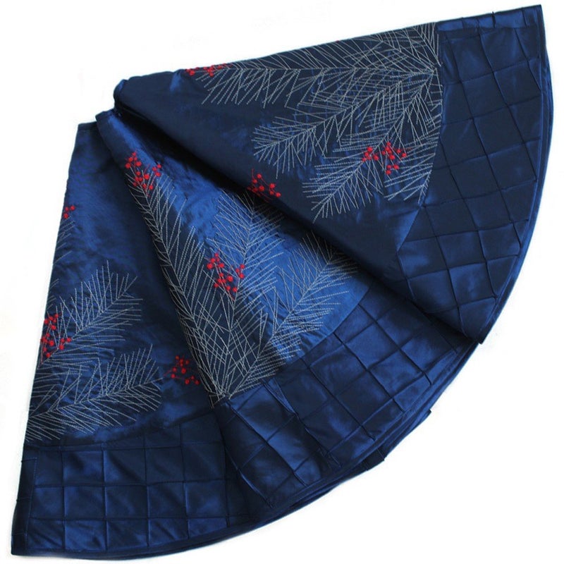 ONGLYP X.Sem Large Pine Branches Berry Embroidered Faux Silk Christmas Tree Skirt with Pintuck Border 50'' Blue (50 inch) - Image 1
